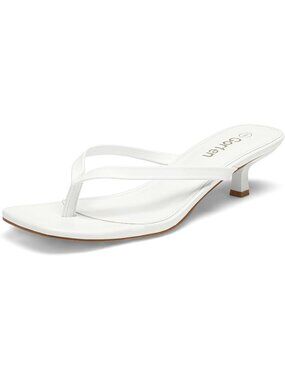 Women White Solid Open Square-Toe Slip-On Thong Flip-Flop Kitten Heeled Sandal